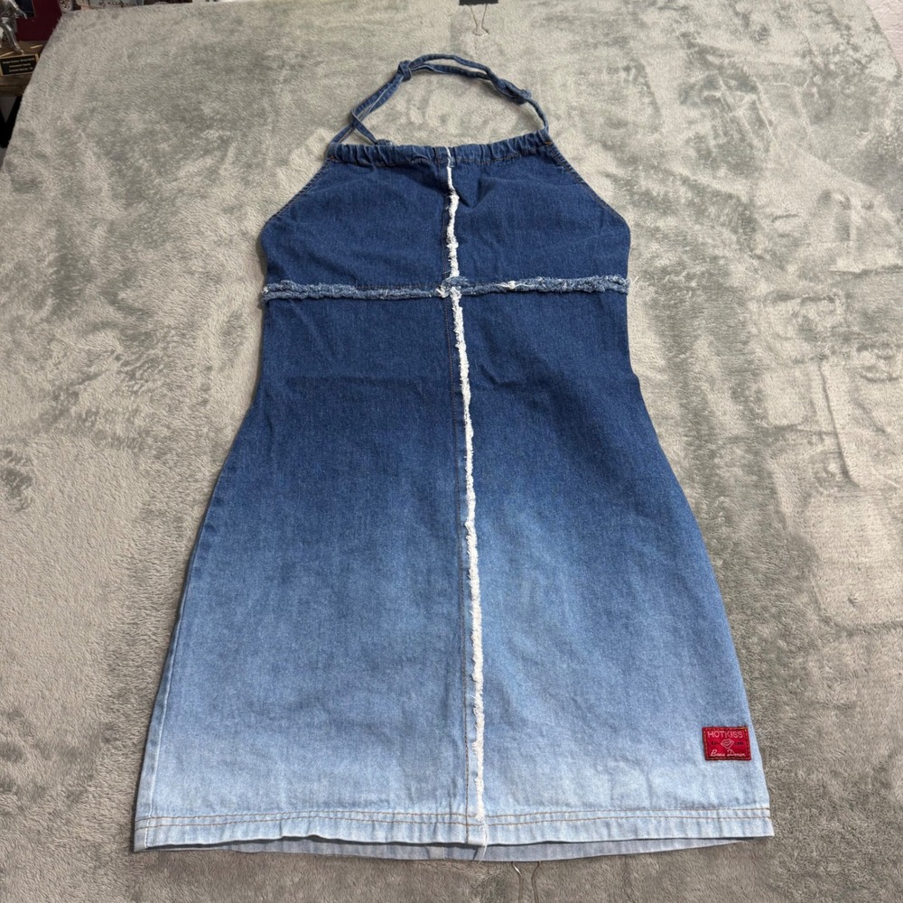 VTG 90s Hot Kiss Denim Halter Mini Dress Blue Ombre Raw Edge Y2K Size 7